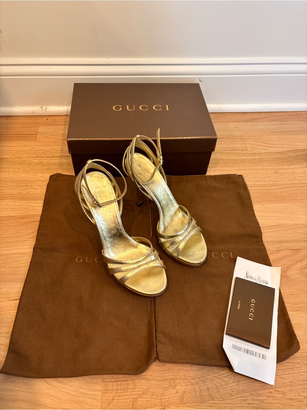Gucci metallic gold strappy leather cork platform heels size 6.5 in box